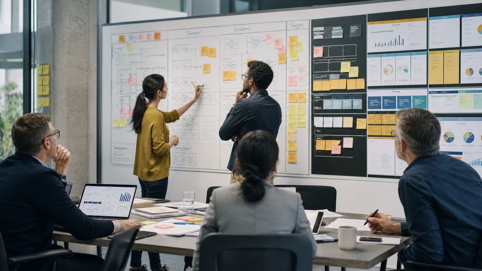 Product and engineering leaders prioritising roadmap trade-offs in a fast-paced planning room.