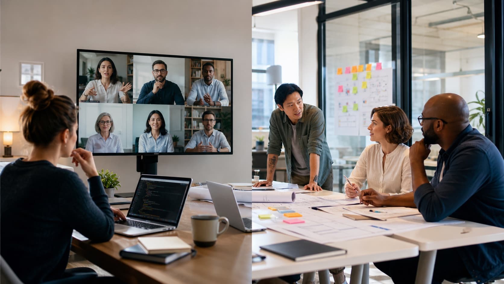 A hybrid engineering team collaborating across remote video calls and an office workspace.